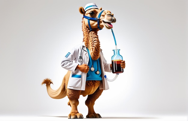 caricatura antropomórfica camelo vestindo uma roupa de química com ferramentas químicas