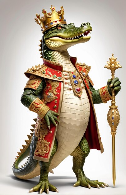 Foto caricatura antropomórfica de crocodilo vestindo roupas de um rei e uma coroa de pé em todo o corpo