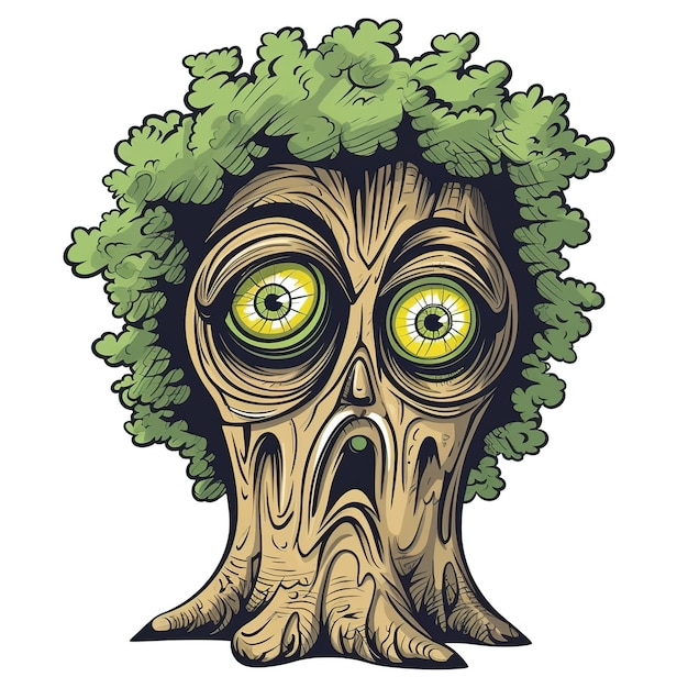 Foto una caricatura de un árbol con una cara y ojos verdes.