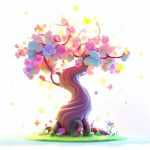 Foto una caricatura de un árbol con flores rosas y violetas y estrellas.
