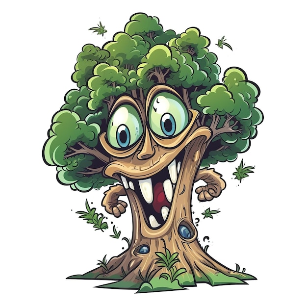 Caricatura de un árbol con una gran sonrisa y ojos grandes.