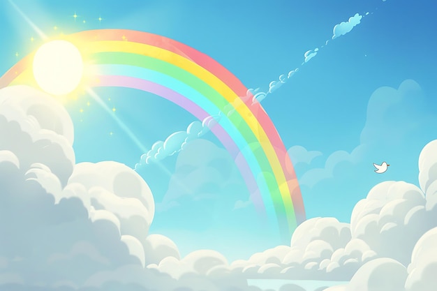Una caricatura de un arcoíris con un arco iris y un sol en el fondo