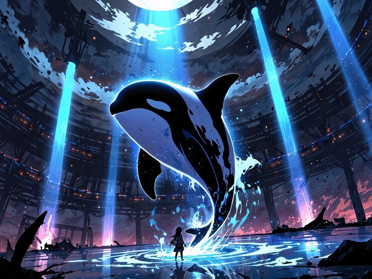 una caricatura de una ballena y una enigmática escena cuberpunk en un mundo cambiante de luz y sombra