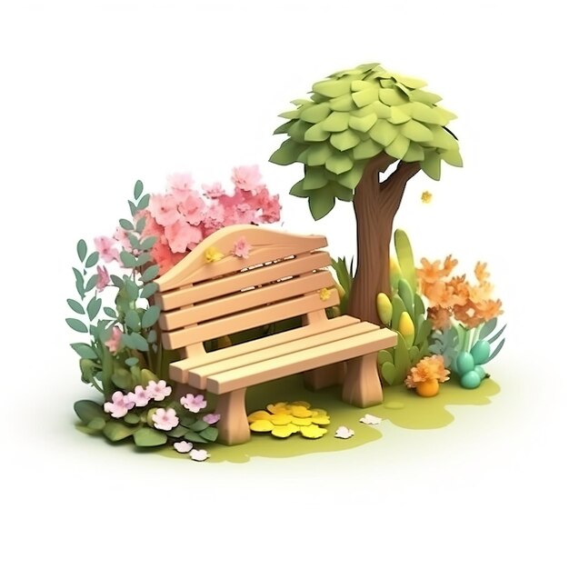 Una caricatura de un banco de madera en un parque con un árbol y flores.