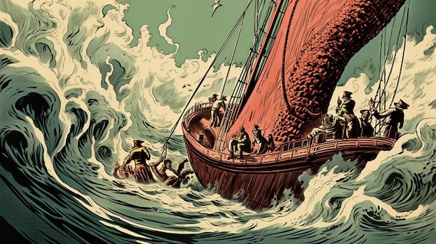 Una caricatura de un barco con la palabra mar en él