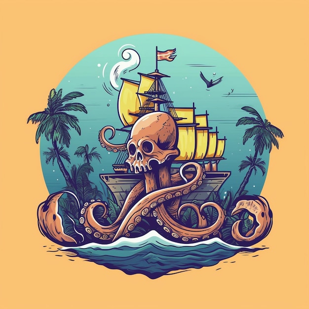 una caricatura de un barco pirata y un barco con un barco en la parte superior.