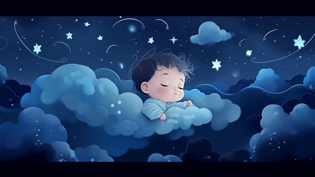 Una caricatura de un bebé durmiendo en una nube con las palabras "dormir".