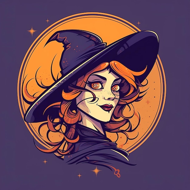 Una caricatura de una bruja con cabello naranja y un sombrero negro.