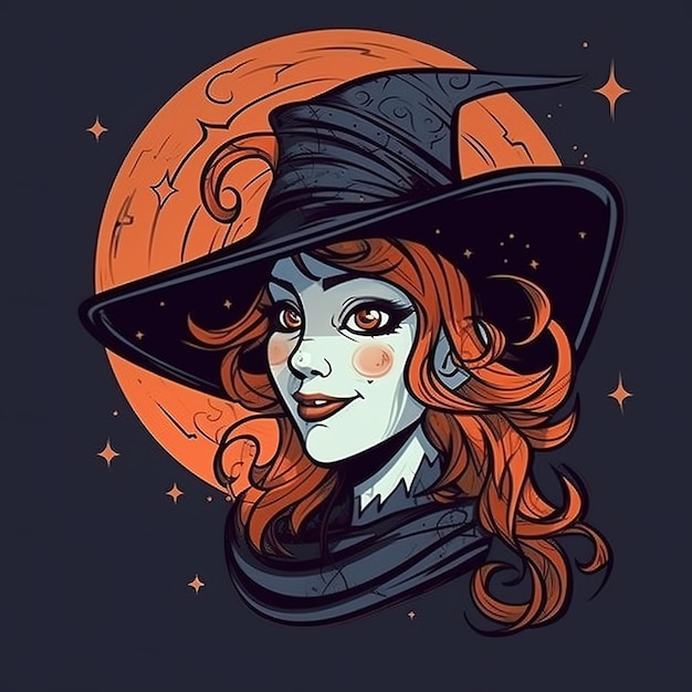 Una caricatura de una bruja con un sombrero negro y una luna amarilla en el fondo.