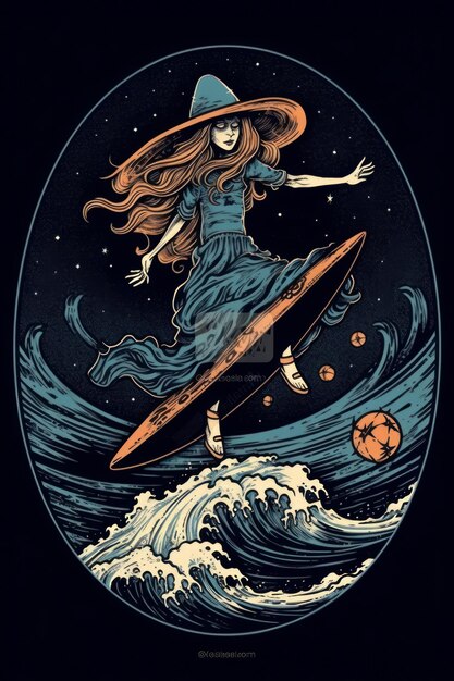 Foto caricatura de una bruja surfeando en el espacio