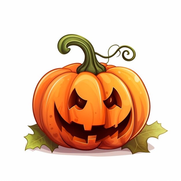 caricatura calabaza de Halloween con una cara aterradora y hojas generativas ai