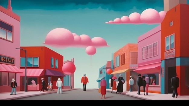 Foto una caricatura de una calle de la ciudad con personas caminando y una nube rosa en el cielo.
