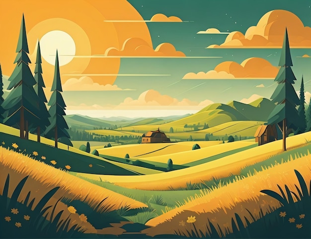 Una caricatura de un campo con una casa y árboles en el horizonte.