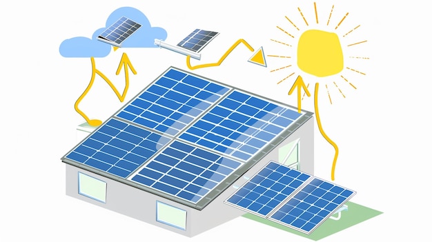 una caricatura de una casa solar con el sol detrás de ella