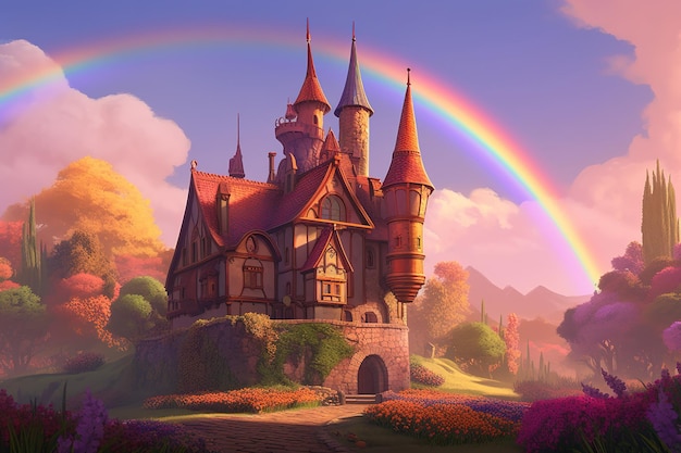 una caricatura de un castillo con un arco iris visible en la distancia