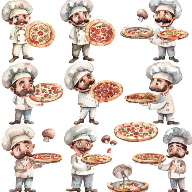 Foto una caricatura de un chef con una pizza en él