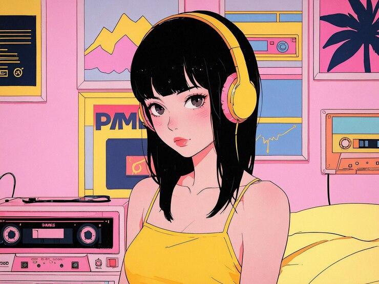 una caricatura de una chica con auriculares y traje de lujo en la sala de música