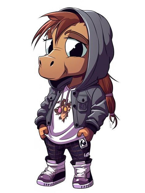 una caricatura de una chica con una chaqueta y una chaqueta con un pony en ella