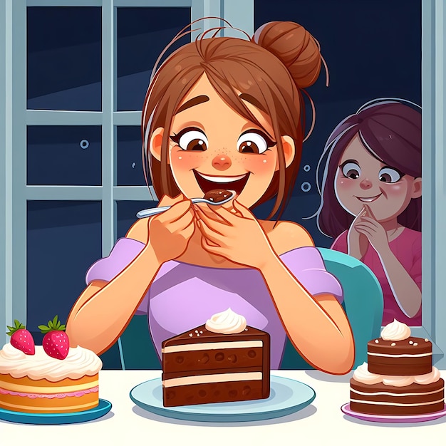 una caricatura de una chica comiendo un pastel con una chica en el fondo