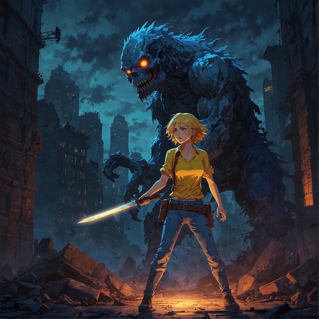 una caricatura de una chica y un monstruo con una espada