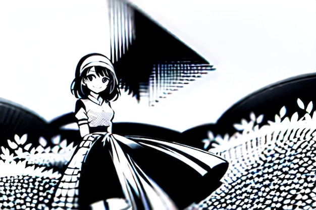 Foto una caricatura de una chica con un vestido con una falda negra y un patrón blanco.