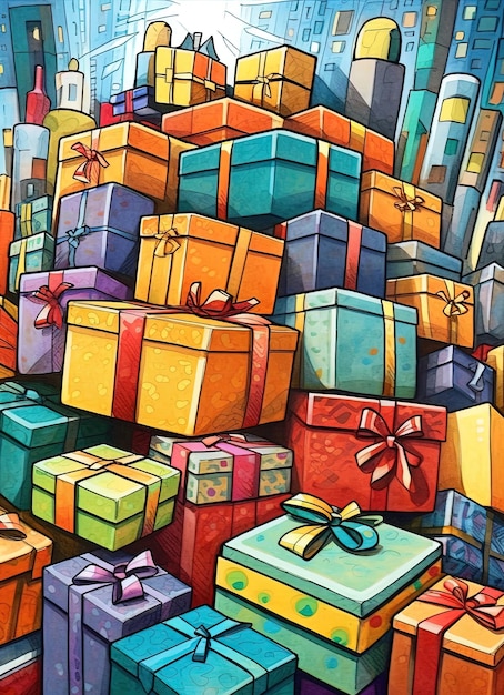 Caricatura de cientos de cajas de regalos apiladas de muchos colores