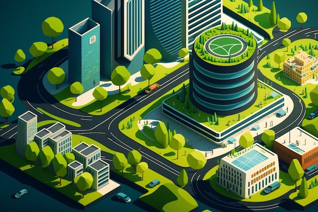 Una caricatura de una ciudad con un gran edificio redondo con un techo verde.