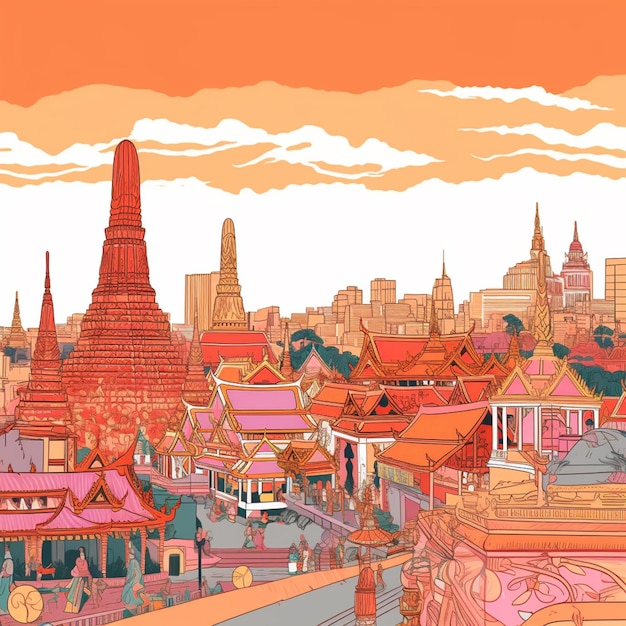 Una caricatura de una ciudad con muchos edificios al fondo.