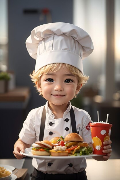 Una caricatura de un cocinero bebé con un sombrero blanco y un sombrero blanco