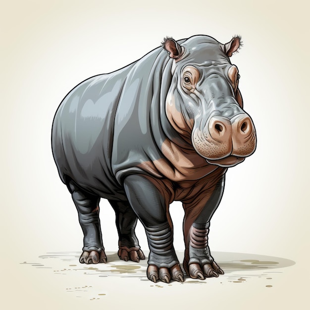 Caricatura colorida de uma ilustração hiperrealista de um hipopótamo