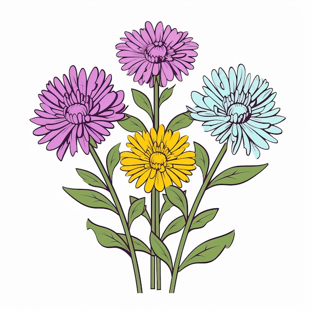 Foto caricatura colorida quatro flores em arranjo brincalhão