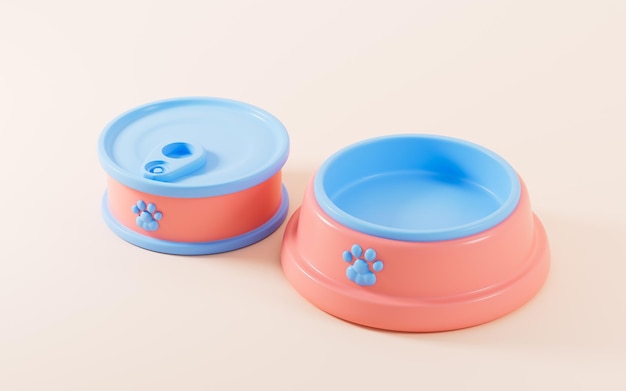 Caricatura de comida enlatada para mascotas y cuenco de mascotas renderizado en 3D