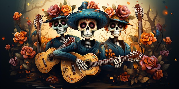 caricatura del da de los muertos el color dominante es el azul con decoración amarilla