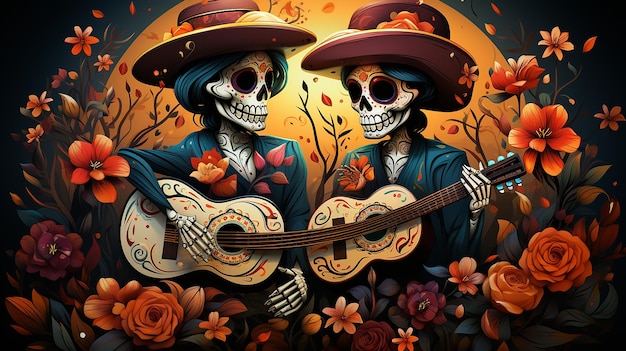 caricatura del da de los muertos el color dominante es el azul con decoración amarilla