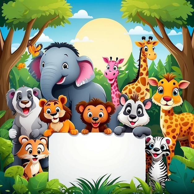 Caricatura de animais selvagens bonitos com quadro em branco