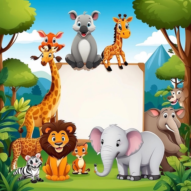 Caricatura de animais selvagens bonitos com quadro em branco