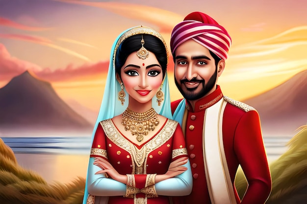 Caricatura de casal de noivos muçulmanos indianos