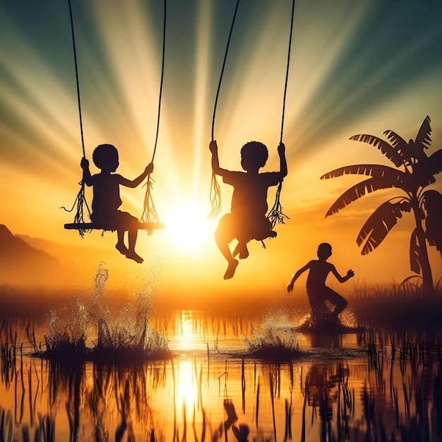 Foto caricatura de ia de crianças em silhueta no galho da árvore balançando e pulando para o rio