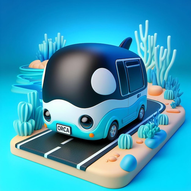 Caricatura de ônibus 3D como uma orca bonita