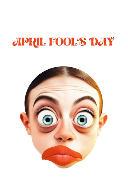 Foto caricatura de um rosto surpreso com olhos grandes e lábios vermelhos funny april fools day card concept