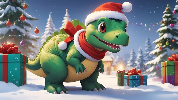 una caricatura de un dinosaurio con un sombrero de Santa