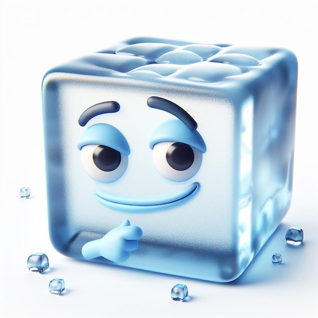 Caricatura divertida en 3D de un cubo de hielo para refrescar las bebidas generada por la IA