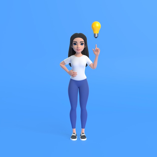 Caricatura divertida linda chica con una camiseta blanca y jeans con lámpara de bombilla sobre un fondo azul 3D renderizado