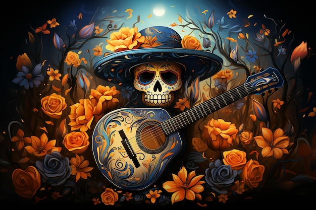 caricatura do da de los muertos a cor dominante é o azul com decoração amarilla