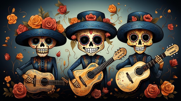 caricatura do da de los muertos a cor dominante é o azul com decoração amarilla