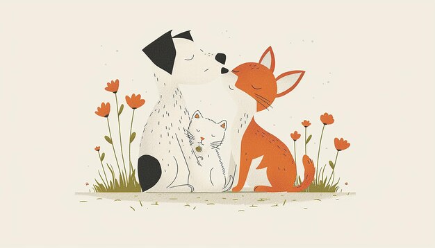 una caricatura de dos animales y un gato con un conejo en la espalda