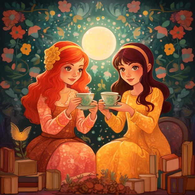Una caricatura de dos chicas tomando té y una luna detrás de ellas.