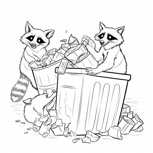 Una caricatura de dos mapaches jugando en un bote de basura.