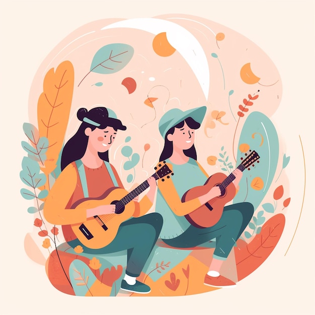 Una caricatura de dos personas tocando la guitarra y la palabra amor en la parte inferior izquierda.