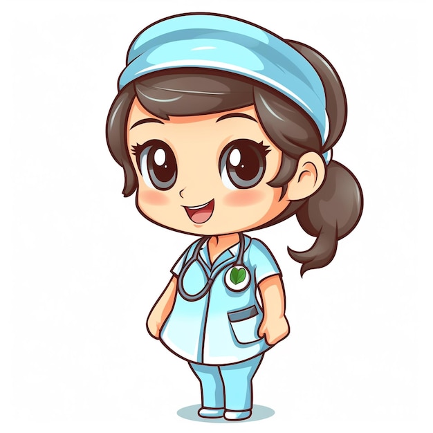 Foto una caricatura de una enfermera con una gorra azul en la cabeza.